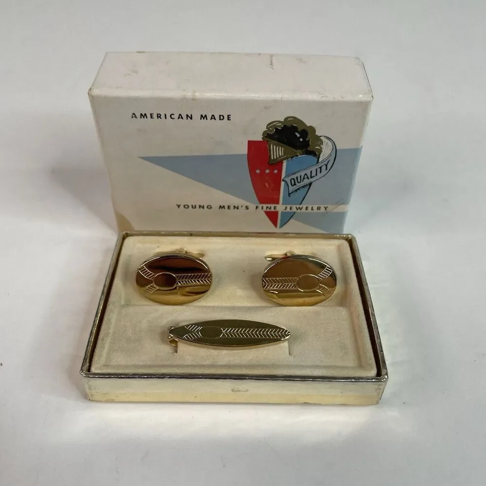 Vintage Foster Fine Jewelry Cufflinks And Tie Clip, Gold, New, Vintage, With Box